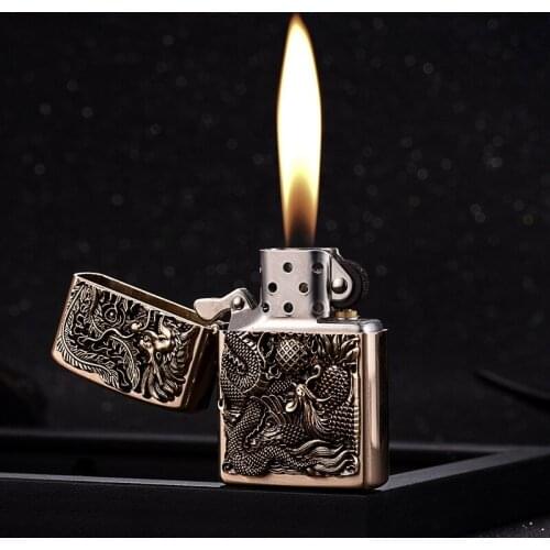 Dragon and Phoenix Pure Copper Mens Gift Kerosene Lighter Vintage Gadgets for Men Cool Lighter Regalos Para Hombre Originales
