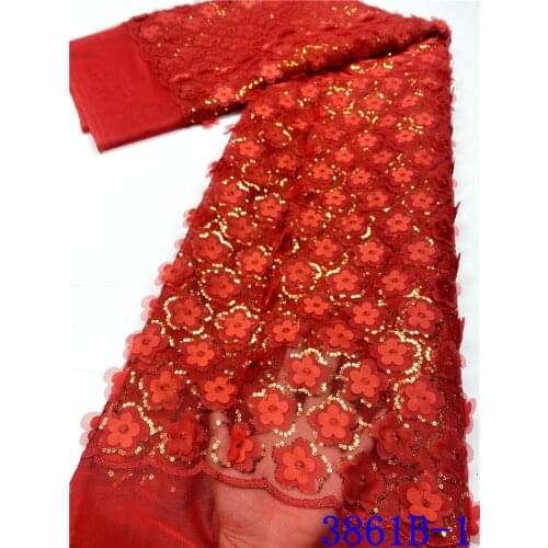 3D Flower Sequined Lace Fabrics Red African Nigerian 2021 Mesh Tulle Lace Fabric For Wedding French Lace Fabrics With Sequins