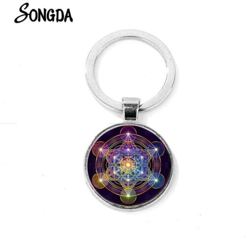 Metatron Cube Magic Hexagram Keychain Sacred Geometry Chakra Spiritual Life Flower Glass Time Gems Key Ring Car Llaveros