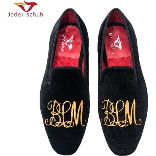 Jeder Schuh Men Shoes Handmade Gold Letter Embroidery Loafers Smoked Slippers Wedding And Banquet Shoes