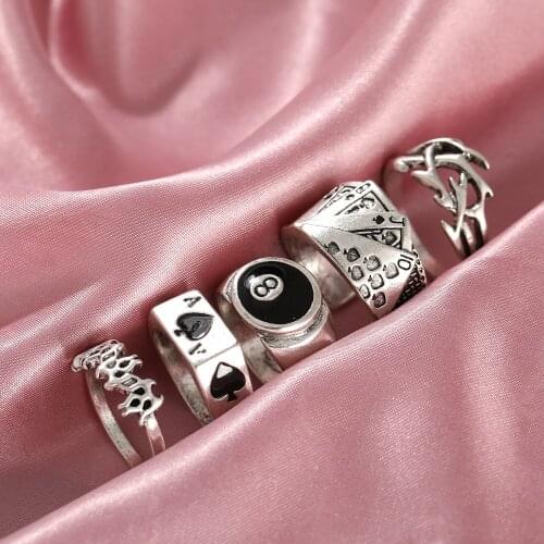 Punk Vintage Silver Color Poker Billiards Ring Set for Women Gothic Heart Anillos Hip Hop Y2k Korean Fashion Male Gift Jewelry