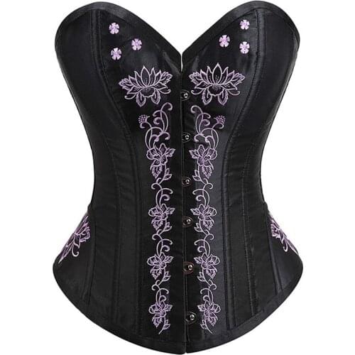 New Stylish Sexy Womens Boned Lace up Waist Cincher Lotus Embroidery Floral Pattern Overbust Corset Bustier Lingerie Top Black
