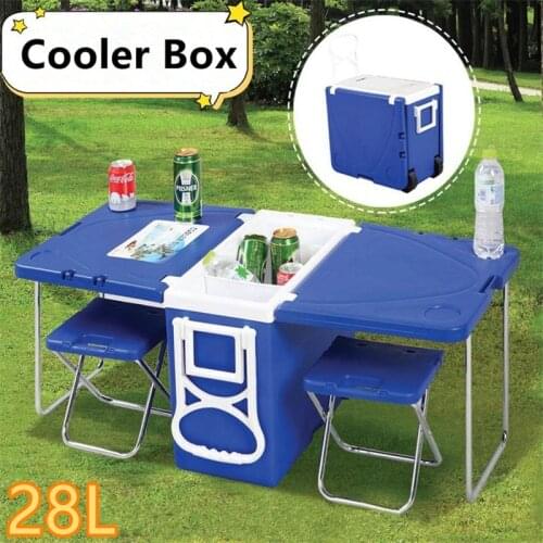 2021 New Upgrade Multi Function Outdoor Rolling Cooler Folding Picnic Camping Outdoor Table With 2 Chairs Patio Furniture