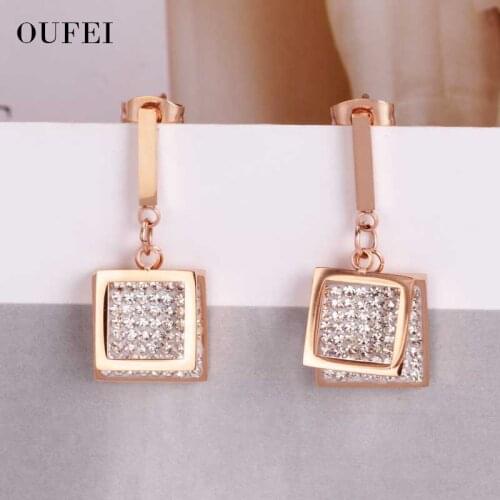 OUFEI Crystal Earrings Fashion Stainless Steel Jewelry 2019 New Square Earrings Drop Rose Gold Statement Party Gift Wholesale