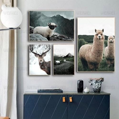 Animal Alpaca Llama Sheep Poster Nordic Style Canvas Print Landscape Art Painting Wall Picture for Modern Living Room Decoration