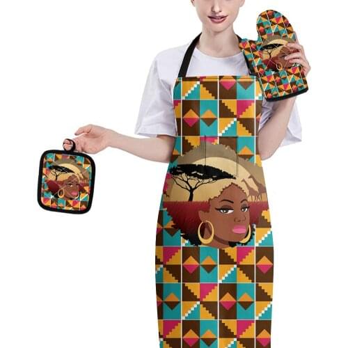 Primitive Tribal Women Art Print Kitchen Supplies Gloves Mats Hear Resistant for Baking with Clean Apron 3pcs Set Skid Mitts