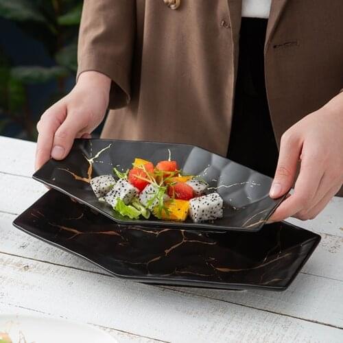 Simple olored glaze ceramic tableware creative matte black and white marble gold deep plate rice plate special shaped plate