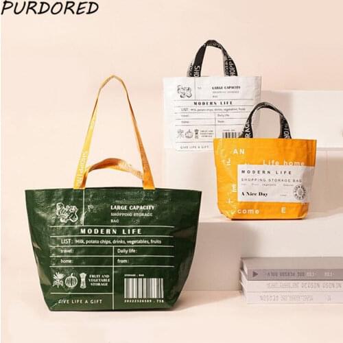 PURDORED 1 Pc Women Large Shopping Bag Waterproof Reusable Nylon Personalized Storage Handbag Shoulder Bag Reusable Grocery Bag