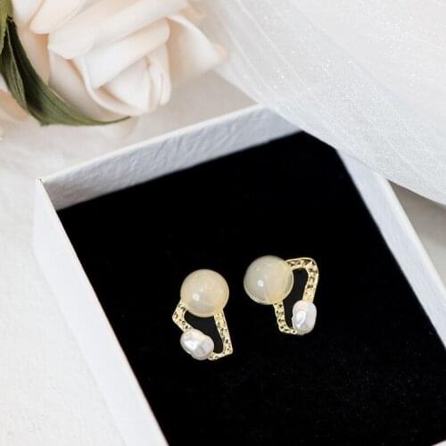 S925 Needle Korean Simple Opal Geometric Pearl Earrings Female Temperament High Sense Wild Niche Earrings