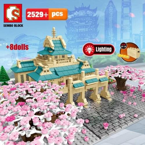 SEMBO New Cherry blossom season City street view tree house Flower Building Blocks architecture model bricks toys for children
