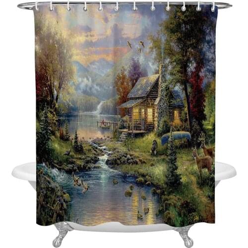 House Deer Forest Woods Birds Sunset Boat Shower Curtain Waterproof Polyester Fabric Shower Curtains Home Decor Curtain