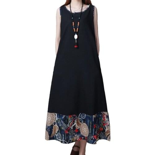 YYCZF New Arrival Sleeveless Loose Summer Dresses Soft Cotton Linen Patchwork Fashion Printing Floral Women Casual Dress Vestido