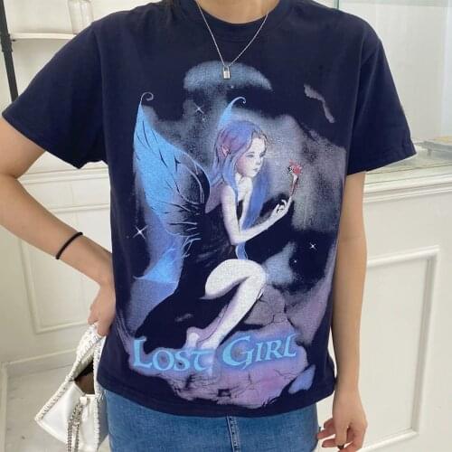 Super Cute Anime Girl with Wings Big Printed Vintage T Shirts College Girls Streetwear Women Loose New Summer Tee Tops Japanese