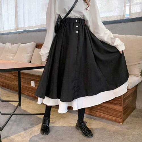 Elastic Waist Womens Skirts Women Chic Korean Retro Ruffles All-Match Summer Fall Basic Ladies Skirt Lovely Patchwork Ins