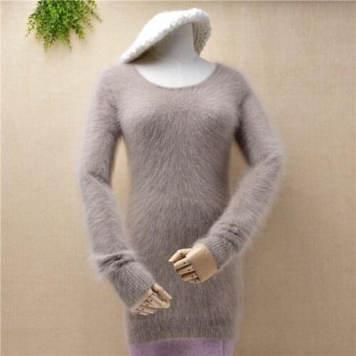 Ladies basic clothes winter O-neck long sleeve mink cashmere knitted slim boomtting sweater angora rabbit fur pullover women
