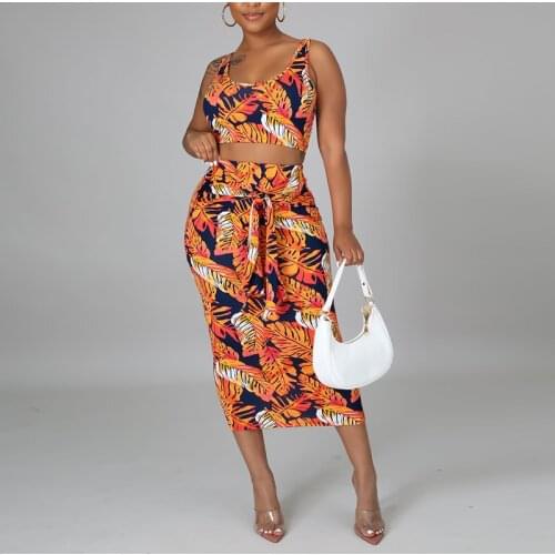 Two Piece Leaf Printed Dress Suits Sleeveless Crop Top & Slim Bodycon Skirt Set