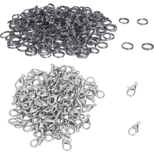 100 PCS Lobster Clasp Alloy Silver Color 12 x 6mm TOP & 250 Pcs Jump Rings 5mm Stainless Steel Eyelets Silver Metal Rings New
