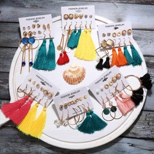 37Mixstyle Design Circle Tassel Drop Earrings Set For Women Bohemian Heart Seashell Leaf Star Bow Earrings Dangle Long Fringe