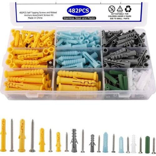 482pcs Plastic Expansion Drywall Anchor Screws Tapping Screw Set M3.5 M4.2 M5 M6 Stainless Steel Expansion Tube Wall Plug