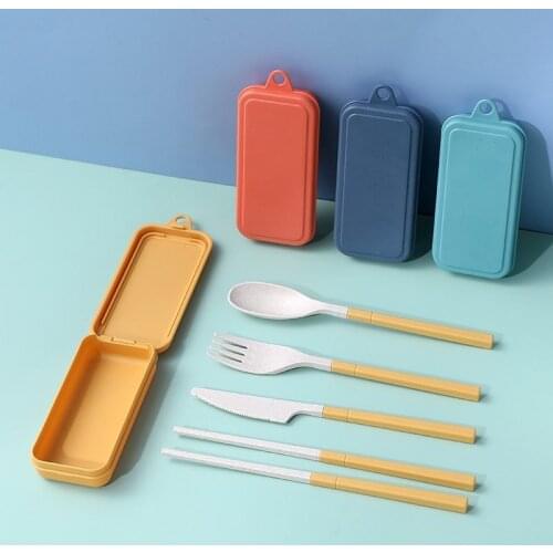 Portable Wheat Straw Fork Cutlery Set Foldable Chopsticks Cutlery Set With Box Picnic Camping Travel 5PCS/Tableware Set