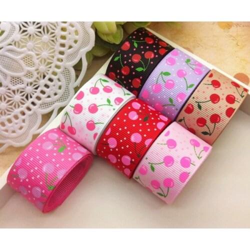 Free shipping cherry printed grosgrain ribbon 1'' (25mm) width Polyester Grosgrain tape DIY gift hairbow accessories 7 colors