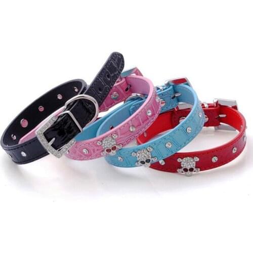 Free Shipping Pet Collars Mix Colors Dog Collar Bling Crystal Skull Leather Pet Collar Puppy Choker Cat Necklace XS S M L