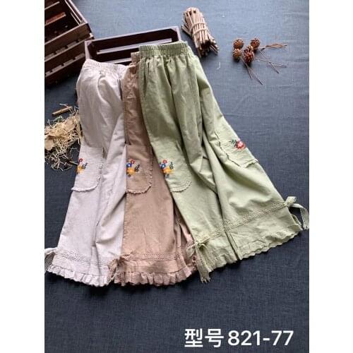 Japan Style Mori Girl Pocket Embroidered Casual Pants Loose Cotton linen Elastic Waist Cropped wide-leg Pants