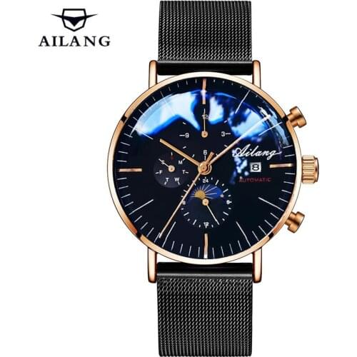 AILANG New Design Moon Phase Mechanical Watch Men Sports Luxury Automatic Watches Waterproof Calendar Steel Relogio Masculino