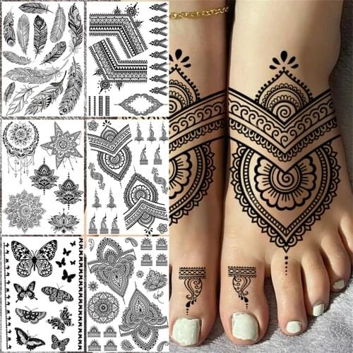 Body Art Henna Temporary Tattoos For Women Adult Fake Mandala Flower Tattoo Sticker Feather Butterfly Black Tatoos Leg Feet Foot