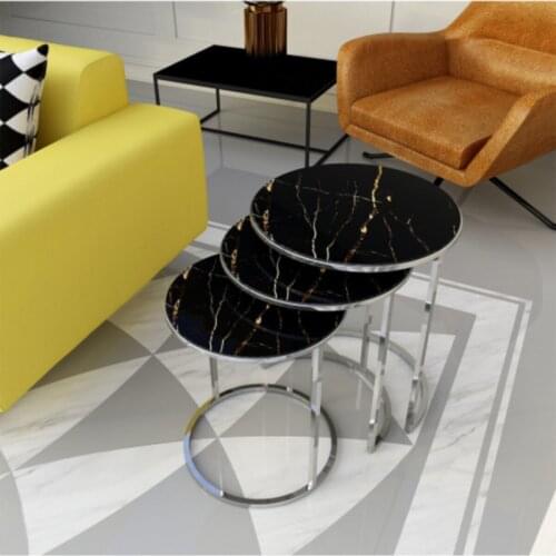 Modern Adk1455 3'lü Zigon Coffee table Chrome-black Marble coffe table