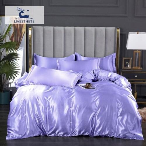 Liv_Esthete Light Purple Satin Silky Bed Sheet Bedding Set Luxury King Pillowcase Bedclothes Adult Kids Bedspread Bed Linen Set