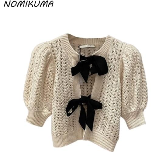 Nomikuma Puff Sleeve Short Cardigan Autumn New Sweet Bow Tie Knitted Open Stitch Causal Korean Fashion Hollow-out Knitwear 6L655