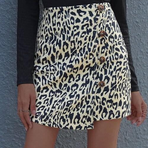 Womens Leopard Print Mini Skirt New High Waist A-Line Skirt Elegant Bodycon Wrap Skirt With Button Office Lady Summer Fashion