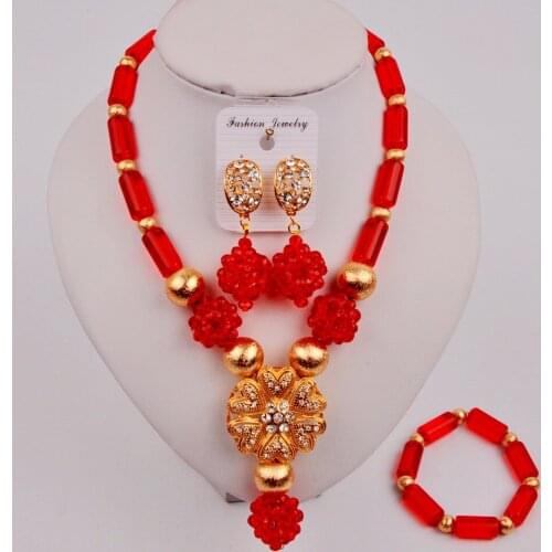 Newest Red Crystal Beaded Nigerian Wedding Jewelry African Earrings and Necklace Sets SZ-Q1-4