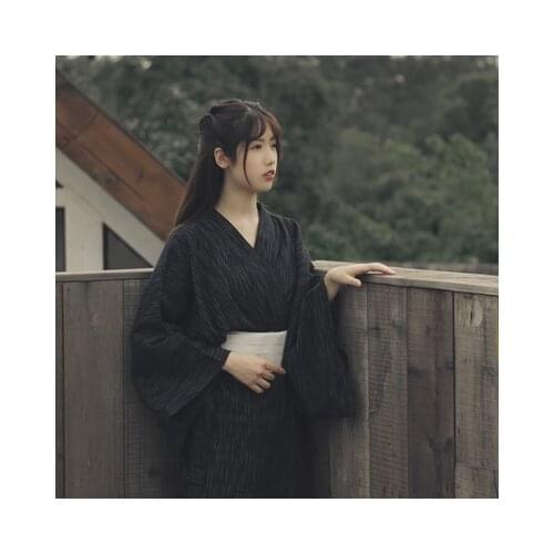Samurai Clothing Traditional Japanese Women Black Kimono Dress Spa Sauna Bathrobe Yuakata With Belt Loose Plus Size Gown