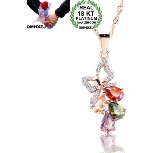 OMHXZJ Wholesale European Fashion Woman Girl Party Wedding Gift Colorful AAA Zircon 18KT Rose Gold Necklace Pendant Charm CA206