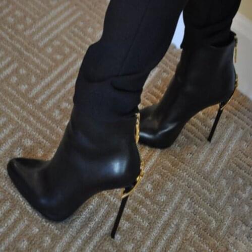 Sexy Gold Zipper Heels Ankle Boots Pointed Toe Black Leather Short Boots Thin Heels Party Dress Shoes Drop Ship