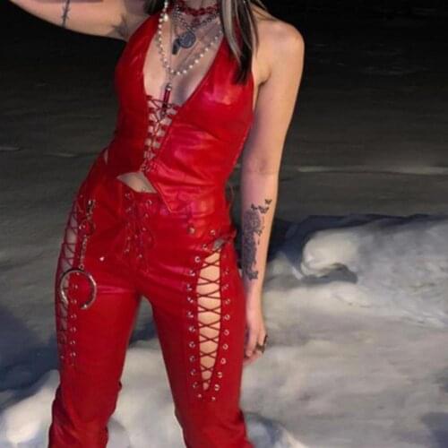 Sexy Pants Women Hollow Out Slim Punk Ladies Solid Color Faux Leather Pants Club Ladies Solid Color Faux Leather Womens Pants