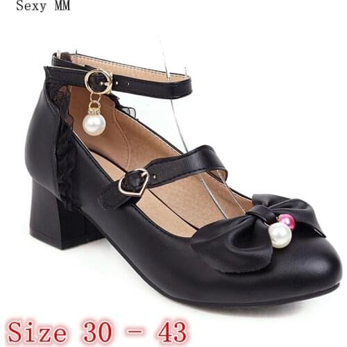 Low High Heels Women Pumps Girl Low High Heel Shoes Mary Janes Woman Shoes Kitten Heels Small Plus Size 30 31 32 33 -40 41 42 43
