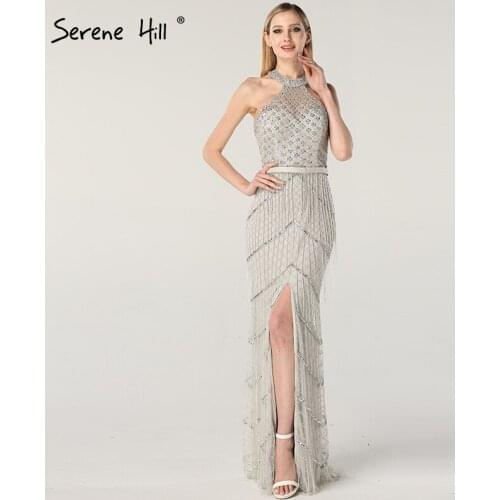 Grey Beading Tassel Halter Sexy Evening Dresses 2020 Latest Design Luxury Sleeveless Side Split Robe De Soiree BLA60779