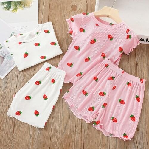 2020 New Baby Clothes Girl Summer Sets Cotton Casual Short Sleeve Strawberry Printed T-shirt Tops + Shorts 2 PCS Set for 0-6Y