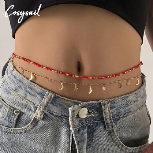 Cosysail 2Pcs/Set Bohemian Red Beaded Wiast Chain for Female Star&Moon Pendant Belly Chain Beach Party Bikni Body Jewelry 2021
