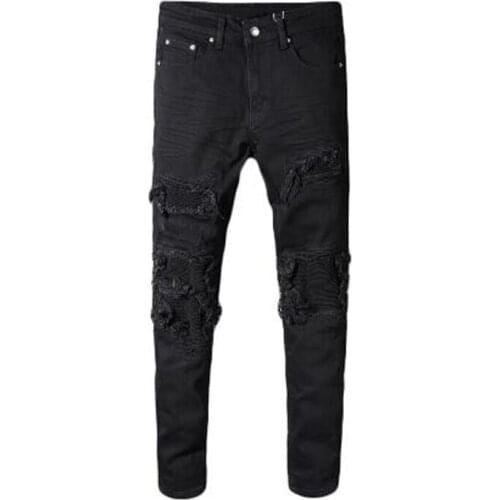 New Mens male fashion black patchwork stretch denim biker jeans for motorcycle Slim fit skinny ripped pencil pants trousers