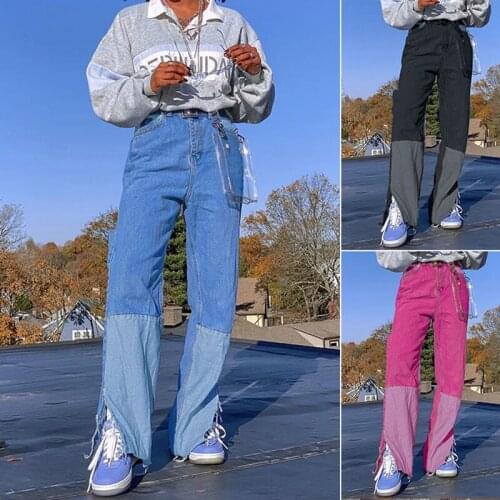 Hip Hop Patchwork Streetwear Contrast Color Split Jeans Women Loose Casual Denim Pants Pocket Trousers