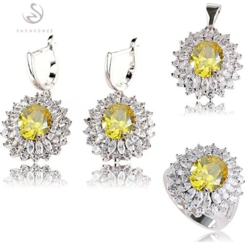 Fleure Esme jewelry sets for women luxury (ring/earring/pendant) Pink Yellow Cubic Zirconia Round Rhodium Plated R458set R461set