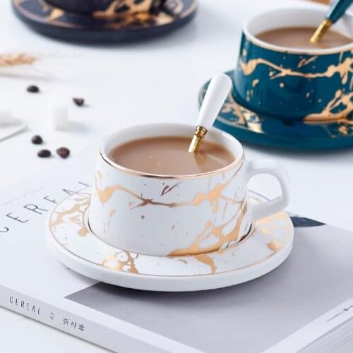 Nordic Marble Coffee Cup Matte Luxury Water Coffee Tea Milk Ceramic Cup And Saucer Set With Spoon Ins Christmas Party Supplies