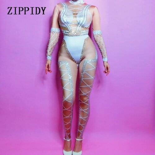 Glisten Crystals Sexy Printed Nude Jumpsuit Nightclub Party Costume Female Singer Stage Wear Rhinestones Stretch Outfit Rompers