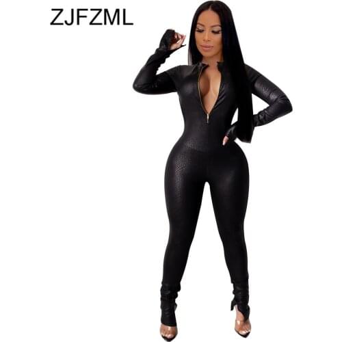 Black Serpentine Print Rompers Womens Jumpsuit Open Back Split Long Sleeve Bodycon Overall Moto Biker Zipper Up Stacked Catsuit