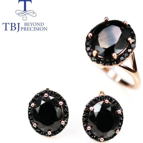 Natural Black Spinel Jewelry Set oval cut 10*12mm 18.6ct real black gemstone clasp earring ring 925 sterling silver for women