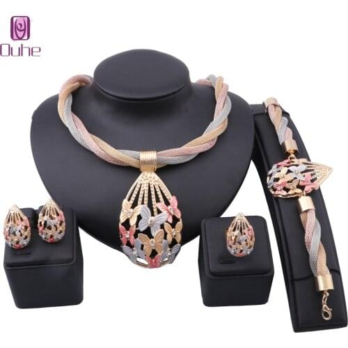Dubai Gold Jewelry sets for women Butterfly Crystal Necklace Earring Ring Bangle Italian Bridal Wedding Accessories Jewelry Sets
